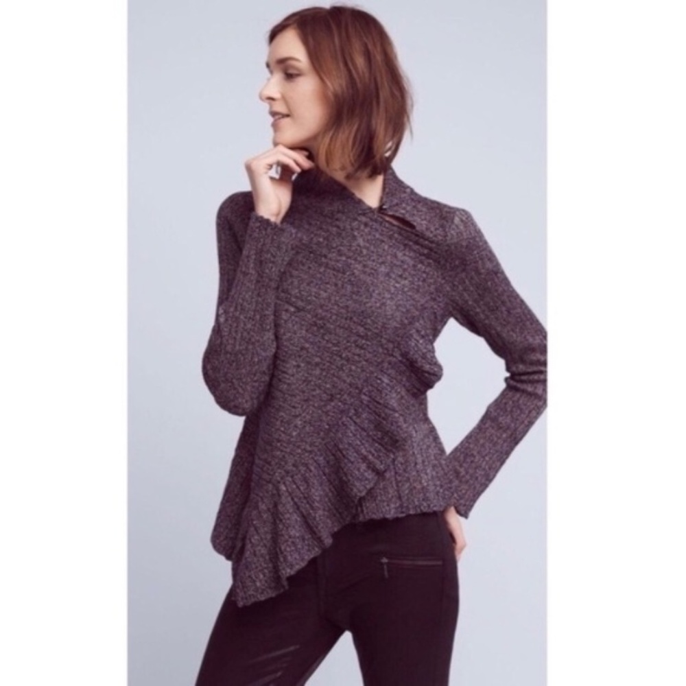 NWT Anthropologie Knitted & Knotted Gray Cascading Ruffle Pullover Sweater Small